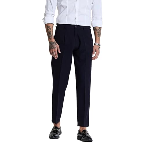 Image of SNITCH Men Formal Trousers | Regular Fit Pleated Front with Turned-Up Hem | Polyester Blend & Medium Stretch Fabric for Office & Winter Wear
