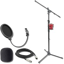 On-Stage MS7701B Euro Boom Tripod Microphone Stand Bundle with Gator GFW-SINGLECUP Beverage Holder, RI-POPFILTER Pop Filter, ASWS58-B Foam Windscreen and 20-Foot XLR Vocal Stand Rig