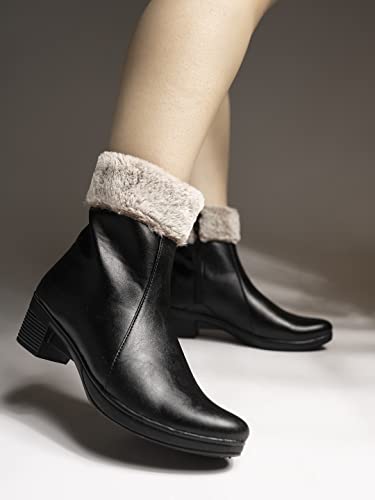 Image of Shoetopia Women's Ankle Boots with Faux Fur Lining | Stylish Winter Block Heel Zip Closure Boots for Casual & Party Footwear