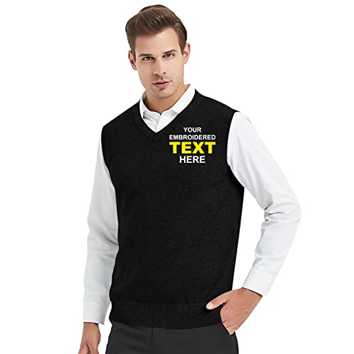 TopTie Embroidery Men's V-Neck 100% Cotton Sweater Vest Custom Solid Pullover Personalize Logo