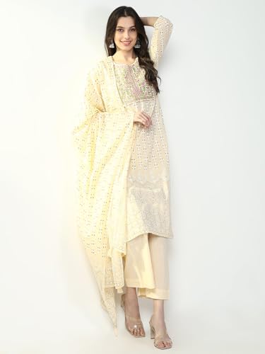 Image of SHOWOFFFF Women Floral Three-Piece Straight Festive Kurta Set | Round Neck 3 /4th Sleeves Cotton Kurta Set for Womens | Mid-Rise Regular Fit Calf Length Kurta Set for Women's
