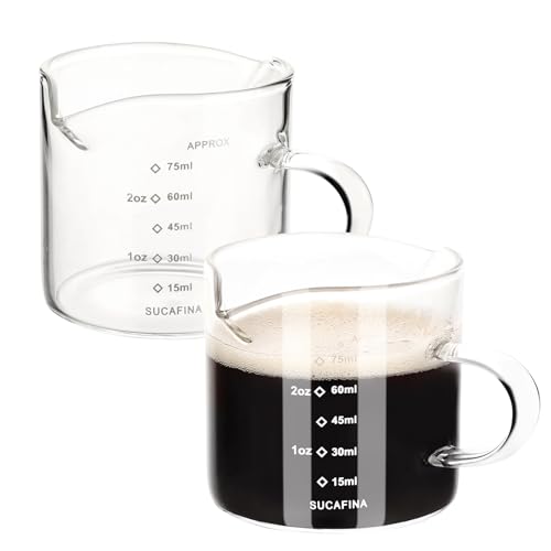 HOTUT Messbecher Glas,2 Stück 75ml Espressotassen mit Griff,Espresso Shotglas Doppelauslauf,Espresso Messbecher,Milchbecher,Hitzebeständig Präzisions Messbecher für Milch,Kaffee,Saft,Wein,Flüssigkeit