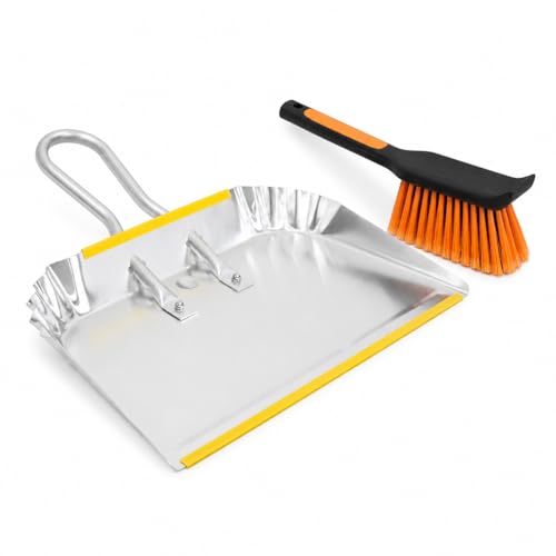 PHYEX 17 Heavy Duty Metal Dust Pan with Brush Set Large Wide Mouth Dustpan with Stiff Bristle Cleaning Brush for Garage Yard Fireplace Ash Wood Stove Workshop and Outdoor Cleanup Silver