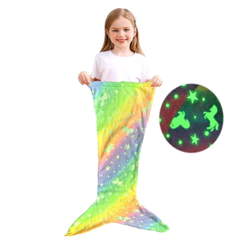 MUNSKT Manta de cola de sirena para niños, manta que brilla en la oscuridad, regalos de unicornio y sirena para niñas, manta de sirena de franela suave de forro polar para niños pequeños con diseño de