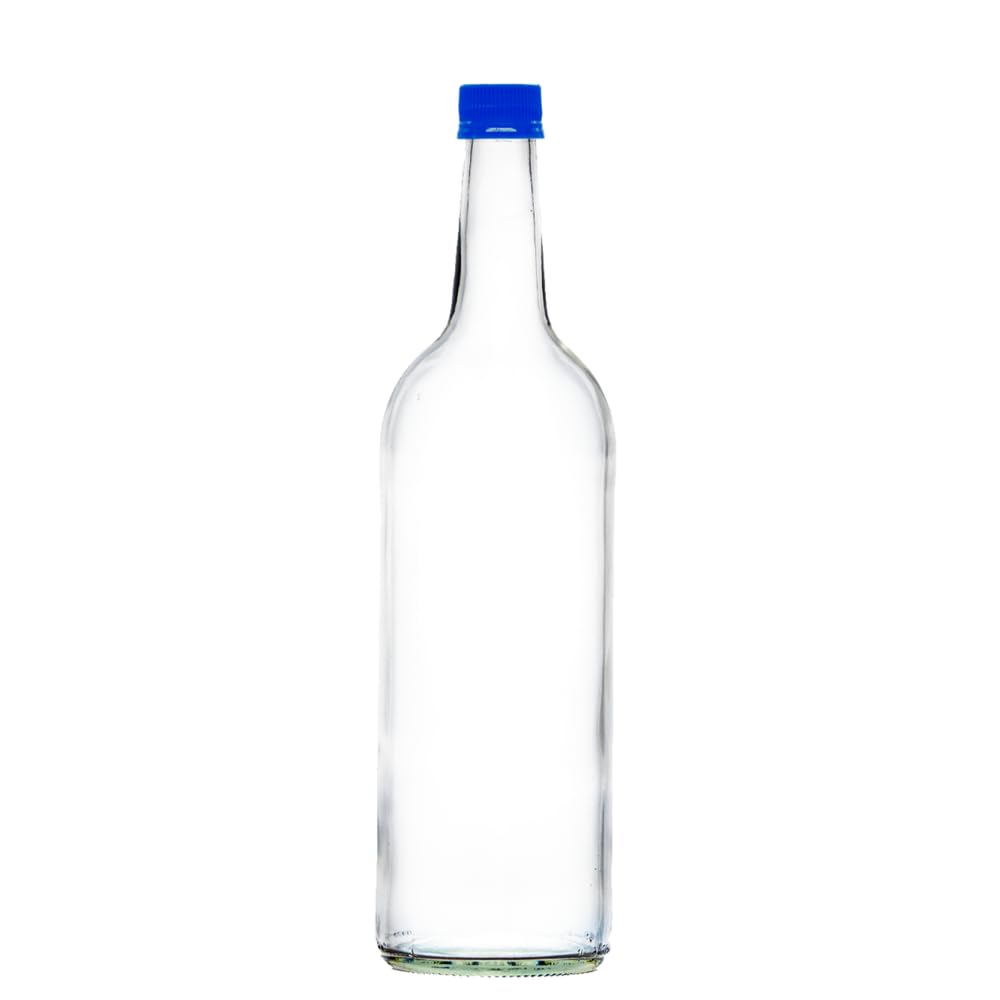 Glass Water Bottle, 1 Litre & Cap Juice Mineral Elderflower Cordial Sparkling (Blue Cap, Pack of 6)
