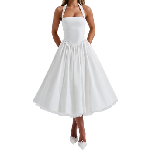 Qianderer Neckholder-Tutu-Kleid für Damen, elegant, zum Schnüren, ärmellos, gerüscht, offener Rücken, gekreuzt, A-Linie, Midi-Tank-Korsett, Ba...