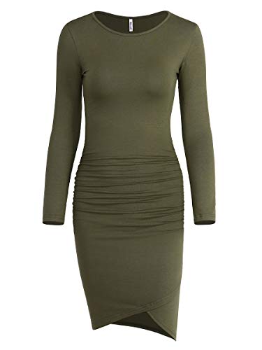 Missufe Women s Casual Long Sleeve Ruched Bodycon Sundress Irregular Sheath T Shirt Dress (Army Green-01, Small)