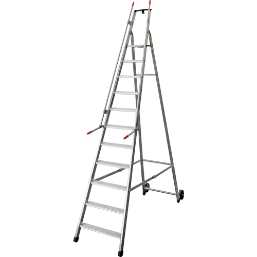 Escalera móvil para almacén y para estanterías, con 2 pasamanos y ruedas, 11 peldaños incl. plataforma.