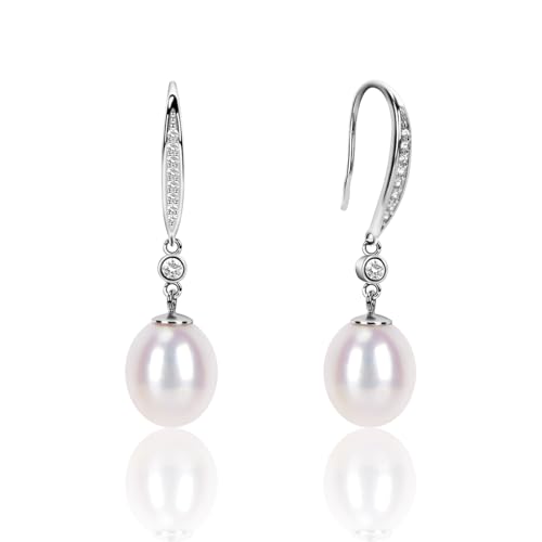 Handpicked Dangle Stud White Pearl Earrings Sterling Silver AAAAA+ Freshwater Cultured Pearl Earrings Hypoallergenic with Gift Box Wedding Jewelry for Women, Brides, Bridesmaids of The Bride