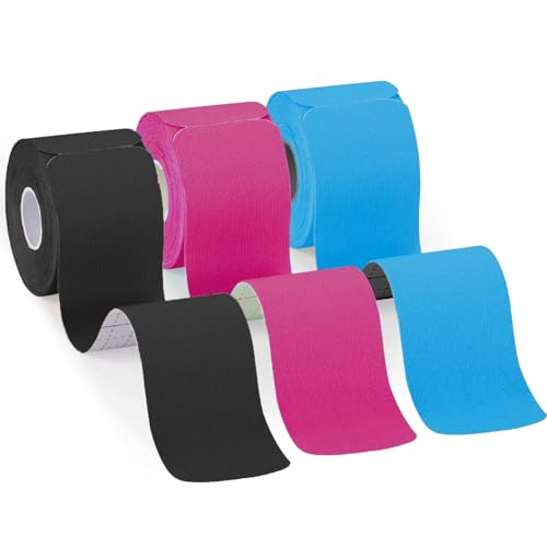 Kinesiology Tape Precut (3 Rolls 60 Strips) Elastic Muscle Sports Tape for Pain Relief Athletic Tape for Support Shoulder Ankle Knee Wrist Elbow Recovery and Physio Therapy (Black+Pink+Blue)