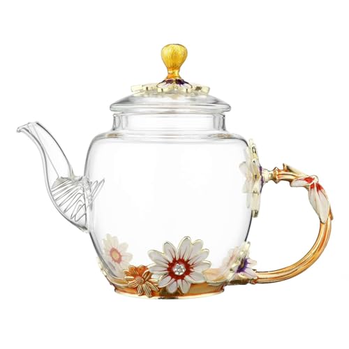 Glass Teapot -300 ml (10 oz) - Blue Rose Flower Butterfly Decoration Heat Resistant Glass Teapot Kettle Loose Leaf Teapot Tea Party Set (Deep coffee color)