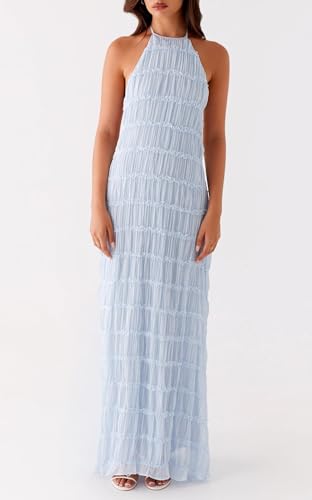 Image of Argeousgor Women Halter Neck Backless Summer Dresses 2025 Sleeveless Tiered Ruffle A-Line Flowy Cocktail Party Maxi Dress