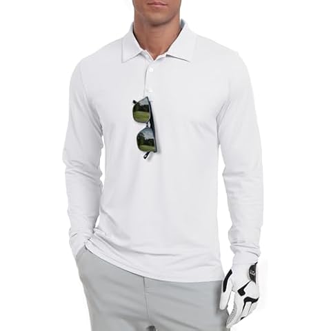 Askdeer Men's Golf Polo Shirts Long Sleeve UPF 50+ Performance Collar Shirts Lightweight Summer Casual Quick Dry Tee White Cover