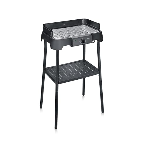 SEVERIN Barbecue électrique extérieur sur pieds avec grille inox, 2000W, Pare-vent amovible, eBBQ avec bac à eau pour utilisation en intérieur et extérieur, Noir, PG 8594