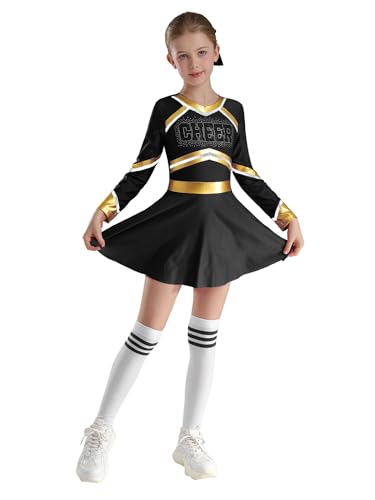 Oyolan Uniforme De Porrista para Niñas Disfraz De Animadora Vestido Manga Larga Uniforme Escolar Disfraz De Fiesta Cosplay Baile Actuación Negro 5-6 años