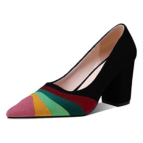 LEHOOR Women Black Rainbow Chunky Heel Pumps Pointed Toe Suede Multicolor High Heels 3 Inch Slip On Closed Toe Block Dress Pumps Colorful for Ladies Work Party Sexy Comfy Chic Black 8.5 M US Cover