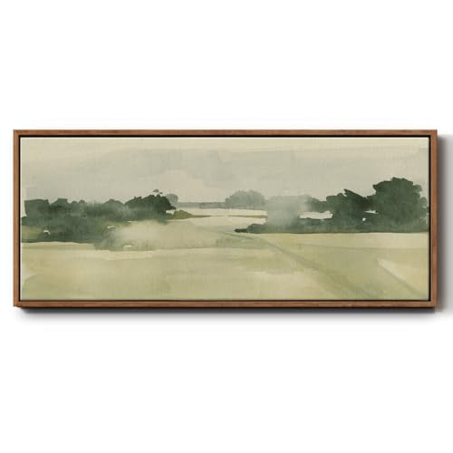 Renditions Gallery Canvas Art Work For Office Watercolor Pasture Landscape Floater Framed Home Decor for Drawing Room Kitchen Bedroom - 20"X50" WALNUT Frame GAL039