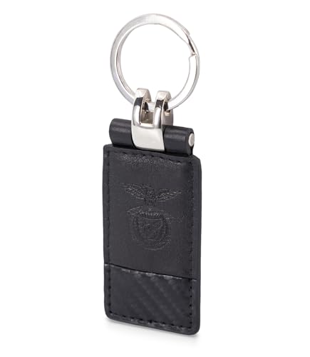 SL Benfica Llavero de cuero y carbono con anillo grande. 12 x 3,5 cm, negro, marrón, Negro , 12 x 3,5 cm