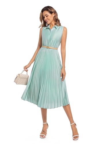 Image of Elegant Satin Midi Dress for Women Slim Long Belted Formal Business Work Casual Dresses