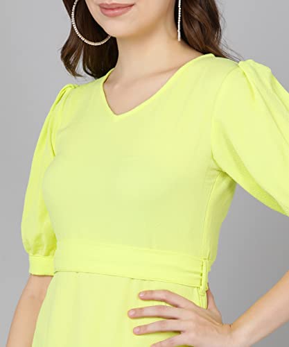 Image of Serein Women's Mini Dress (Solid Crepe Dress with Puff Sleeves, v-Neck & Waist Belt) (Yellow, Large) (SER-DRESS-HR-1-L)