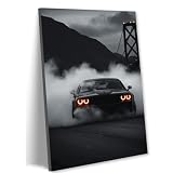 2D Dodge Challenger Drifting Canvas Wall Art, Black and White Muscle Car Print, Smoky Burnout Car Artwork, Sports Car Wall Decor for Garage Bedroom Man Cave, Framed
