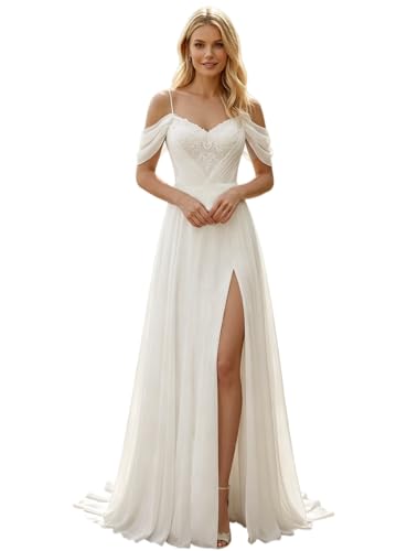 Women's Chiffon A Line Bridal Dresses Long Ivory Lace Wedding