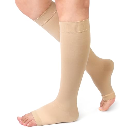Image of Beister 1 Pair Medical Open Toe Knee High Calf Compression Socks for Women & Men, Firm 20-30 mmHg Graduated Support Hosiery for Varicose Veins, Edema, Flight, Pregnancy