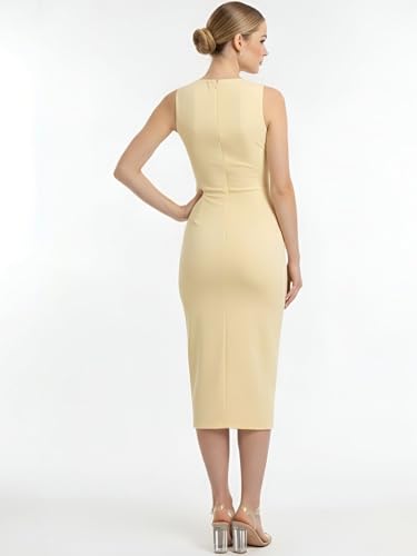 Image of Women's Sleeveless Midi Dress, Square Neck, Ruched Side, Bodycon Style with Slit