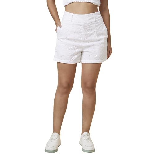 Image of Globus Women White Self Design High-Rise Regular Fit Schiffli Short-3637120001