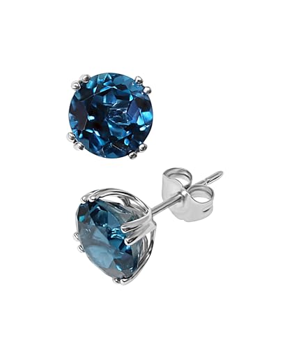 14K White Gold Genuine London Blue Topaz 8 mm Round Stud Earrings