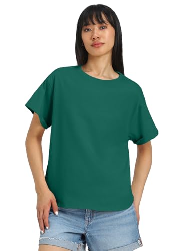 Image of JUNEBERRY Pure 100% Cotton Oversized Loose Baggy Fit Round Neck with Drop Shoulder Half Sleeves Boyfriend T-Shirt Combo for Women & Girls (Pack of 2)