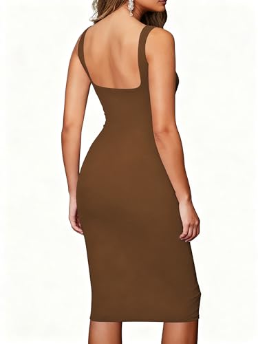 Image of TOPSRANI Women Sexy Midi Dress Bodycon Casual Sleeveless Basic Ruched Tank Summer Club Party Dresses
