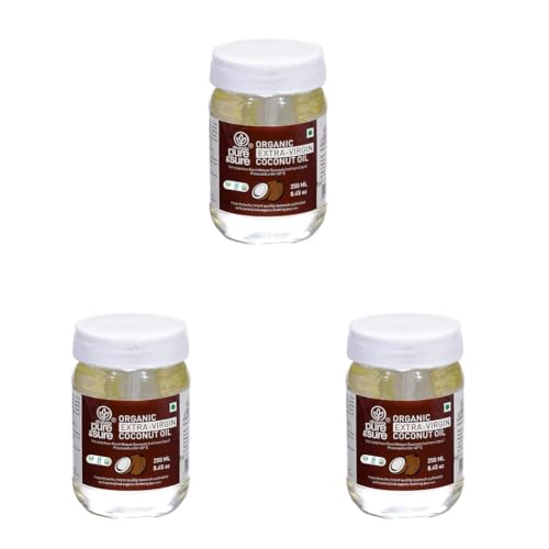 Image of Pure & Sure Cold Pressed Extra Virgin Coconut Oil 250 ml | Natural, Organic & Pure Nariyal Tel | Used for Cooking, Skin, Hair, Baby massage| Nutrient Rich & Chemical Free (Pack of 3)