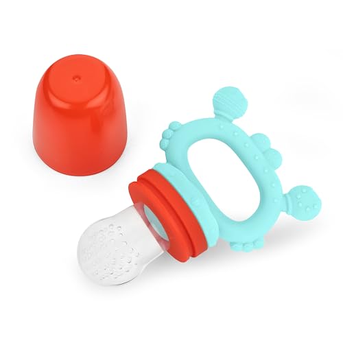 Image of BabyGo Silicone Baby Fruit Nibbler & Teether with Rattle Handle | Soft Feeding Feeder for Fruits | Easy Grip Self-Feeding Teething Pacifier & Teether for Babies 6-12 Months | Multicolour | Pack of 1