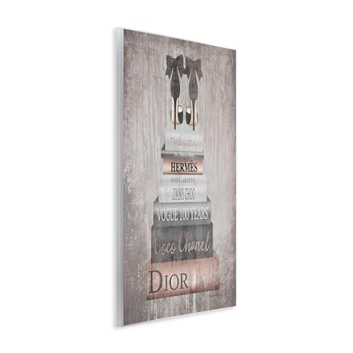 Image of 'Book Stack Heels Metallic Pink'| Wall Plaque Art | Stupell Industries | 13 x 19 Inches, Easy to Hang and Sturdy, Made in USA, by Amanda Greenwood