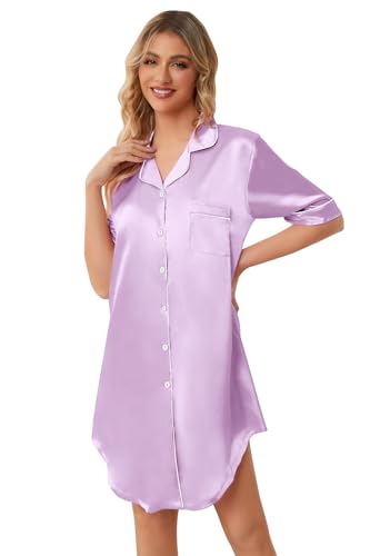 Image of Schbbbta Girls & Women Silk Nightgown, Short Sleeve Button Down Satin Nightshirt Pajama House Dress, 3 Years- Women 2XL
