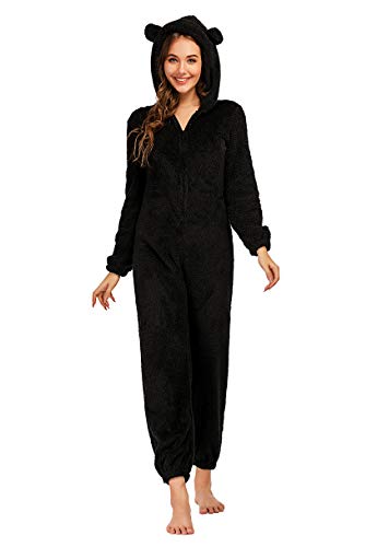 YILEEGOO Women Fleece Onesies Zip Up One Piece Hooded Pajamas Cozy Sleepwear Pyjamas Autumn Winter Warm Loungewear Jumpsuit Black - Image 2