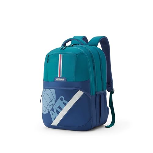 Image of American Tourister Opus | 40 Ltrs | 3 Compartments | Bottle Pocket | Ergonomic Padded Back Panel & Shoulder Straps | High School Backpack | 1 Year International Warranty | Green /Navy