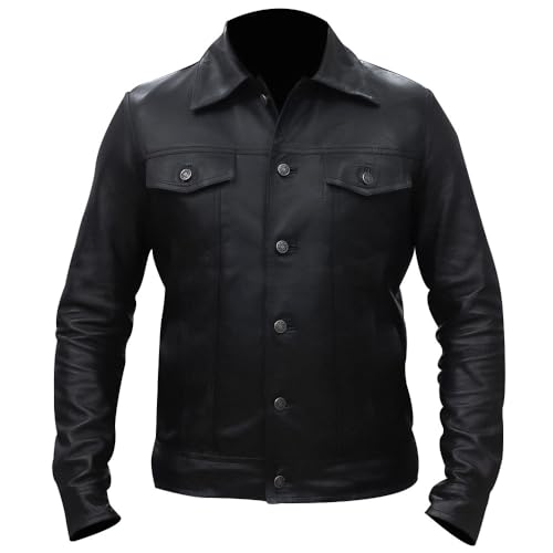 Image of Men's Genuine Leather Trucker Jacket Vintage Motorcycle Black Western Biker Slim Fit Trucker Jacket