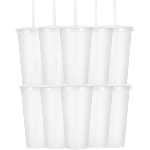Yisituo Lot de 10 gobelets réutilisables en plastique de 710 ml avec couvercle et paille, gobelets de voyage pour adultes, fête de Madame et plage, réunions à la piscine (paillettes transparentes)