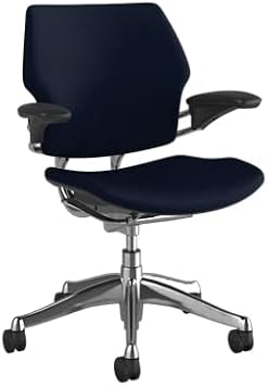 Humanscale Freedom Office Chair - Ergonomic Work Chair with Standard Height Adjustable Duron Arms - Wheels for Hard Flooring - Polished Aluminum Frame with Navy Ginkgo Fabric