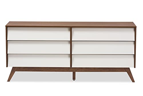 Baxton Studio Hildon 6 Drawer Double Dresser In White And Walnut Brown #TOP4