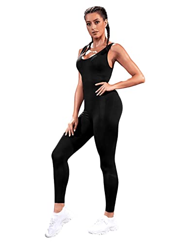 Sweatyrocks Women' Backless Sleeveless Sport Bodysuit Solid Singlet Stretch Leotard Jumpsuit Gym Suit Romper Outfit Black Xs #TOP2