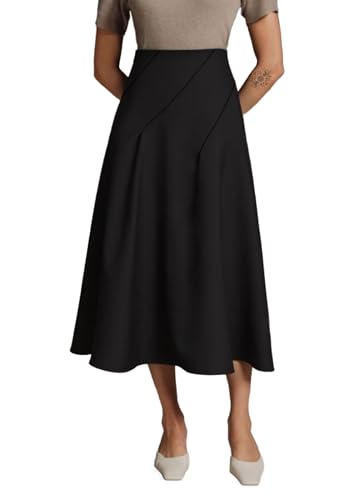 POPZONE Women Basic Elastic High Waist Pleated Midi Skirt Solid Elegant Office Long Skirt Work Skirt