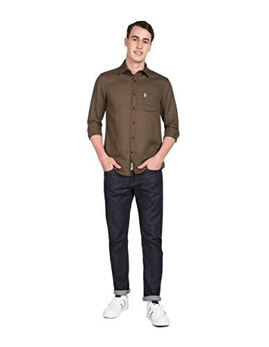 Image of U.S. Polo ASSN. Men's Solid Cotton Linen Tailored Fit Spread Collar Casual Shirt