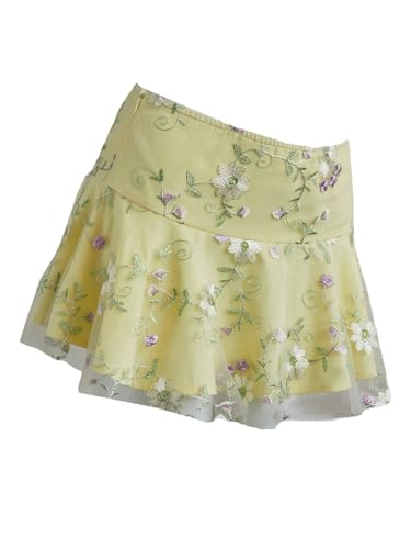SweatyRocks Women's Floral Embroidery Mesh Ruffle Mini Skirt Low Waist Boho Summer Flared Skirts