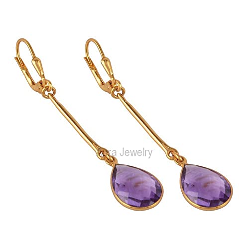 10K Gold Over Sterling Silver Earrings For Women & Girls,10K Gold Amethyst Earrings Drop & Dangle Mothers Day Gift, Bridesmaid Gift, Handmade Jewelry #TOP1