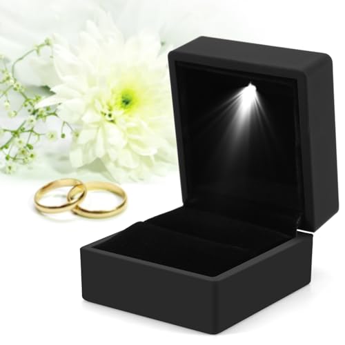 Saluaqui Caja de Almacenamiento de Anillos con Luz LED de Moda - Elegante Vitrina de Joyería con Carcasa de Goma Resistente - Caja de Anillo de Compromiso Roja con Felpa Negra (BLACK) - imagen 3