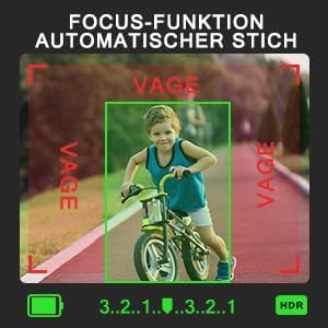 Screen display showing the automatic focus function, with a child on a bicycle in sharp focus within a green frame, while the background is slightly blurred. This illustrates the camera's focusing ability.