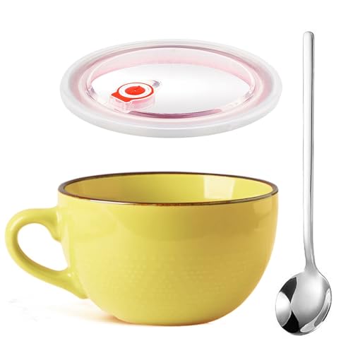 Taza de Café Grande, 700 ml Tazas de Café de Cerámica, Reutilizable Cuencos para cereales con Asa, Bol de Avena, Ensaladera Con Tapas y Cuchara, Taza de Cafés Capuchino, Para Oficinas (Amarillo)